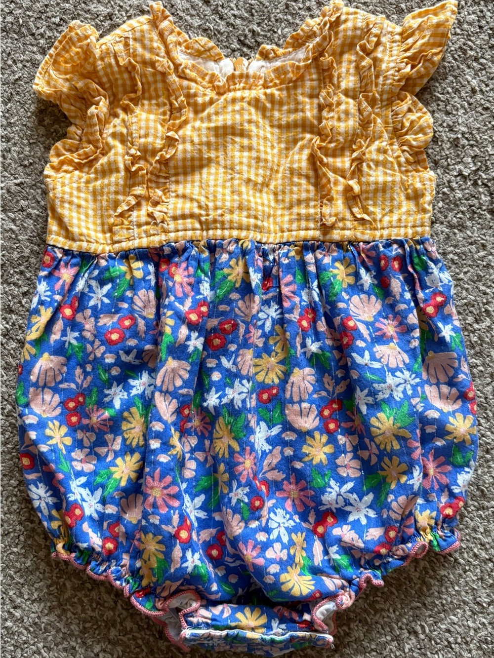 Pink Chicken Yellow Gingham & Blue Floral Romper